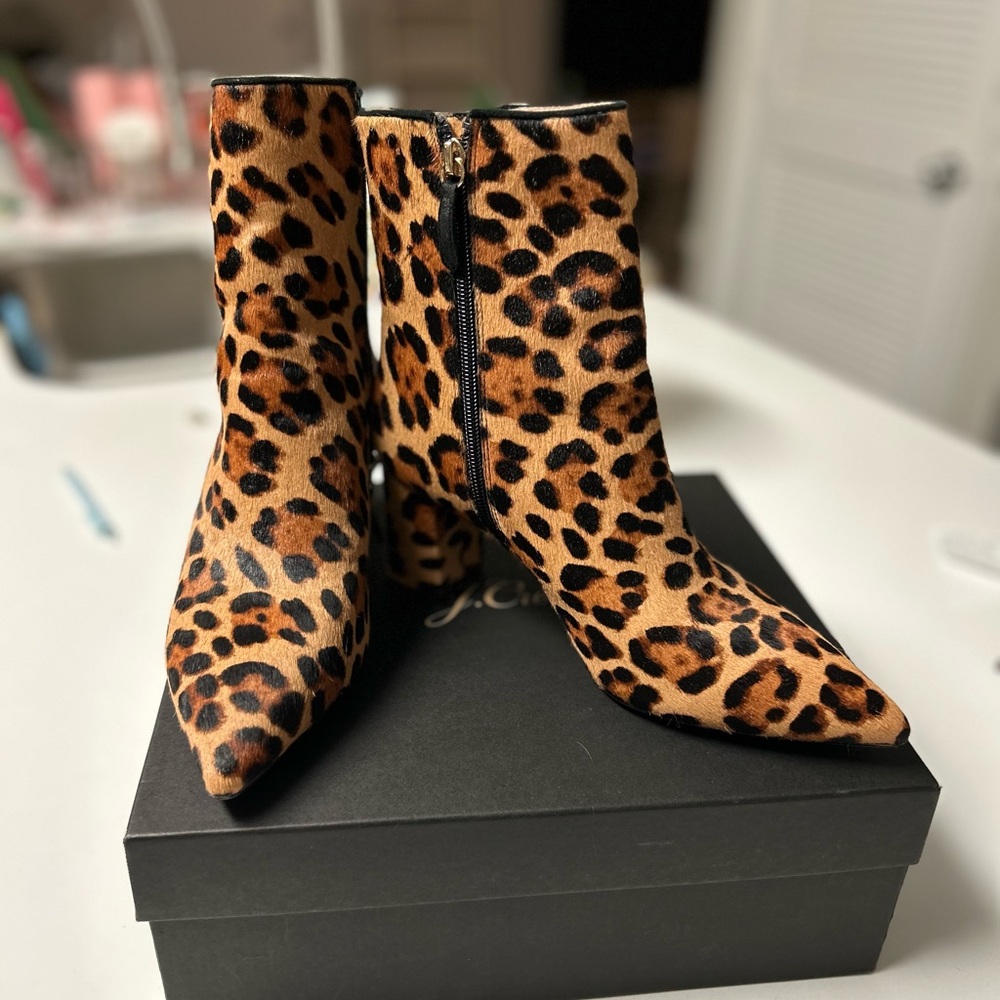 J.Crew Pointed-Toe Cheetah Leopard Print Sadie Boots in Calf Hair Sz 8